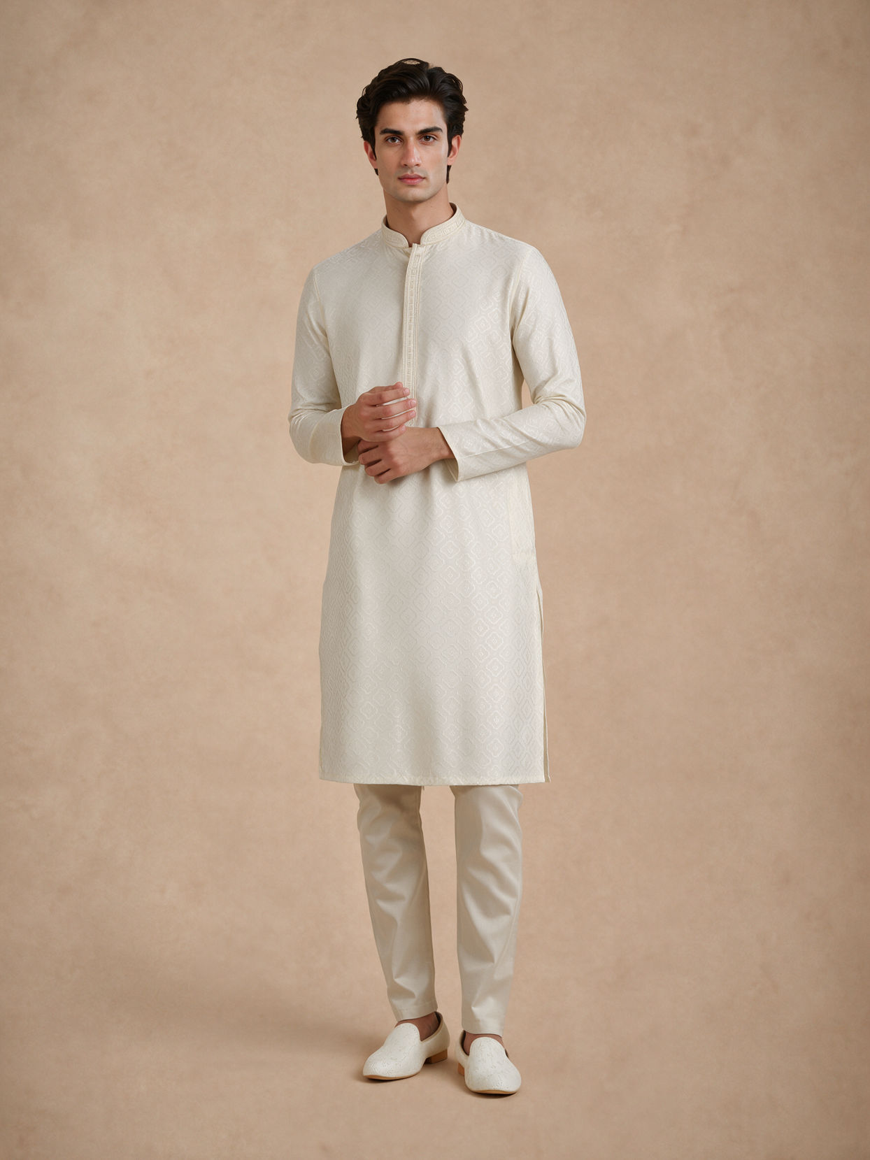 Manyavar Men Cream Blended Viscose Kurta Pajama with Basic Design