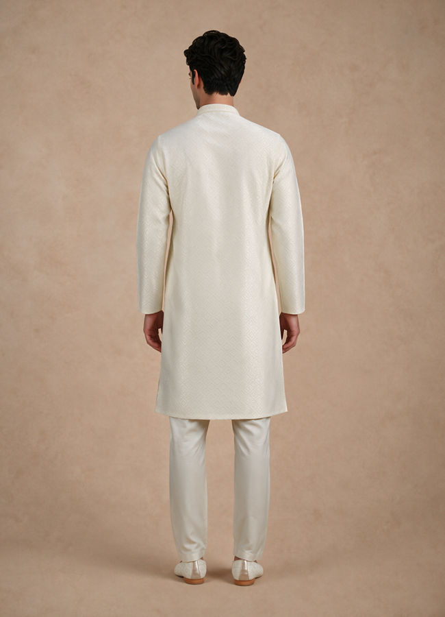 Manyavar Men Cream Blended Viscose Kurta Pajama with Basic Design