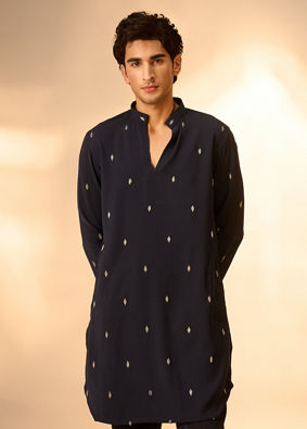 Manyavar Men Dark Blue Blended Rayon Kurta Pant Set