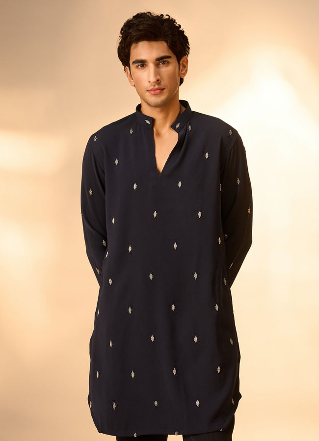 Manyavar Men Dark Blue Blended Rayon Kurta Pant Set