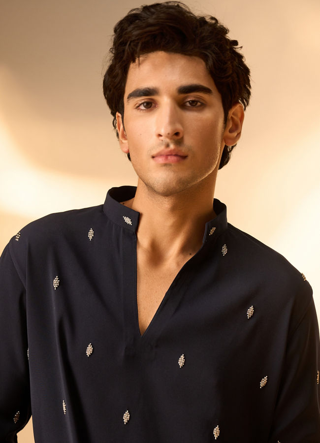 Manyavar Men Dark Blue Blended Rayon Kurta Pant Set