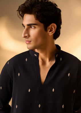 Manyavar Men Dark Blue Blended Rayon Kurta Pant Set