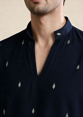 Manyavar Men Dark Blue Blended Rayon Kurta Pant Set