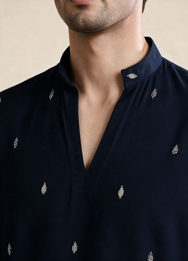 Manyavar Men Dark Blue Blended Rayon Kurta Pant Set