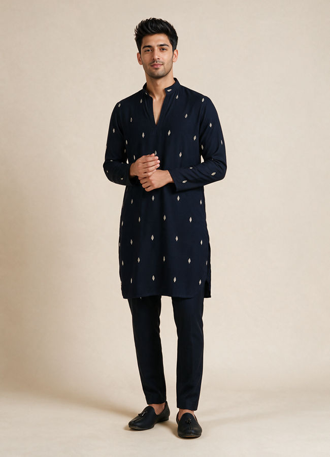 Manyavar Men Dark Blue Blended Rayon Kurta Pant Set