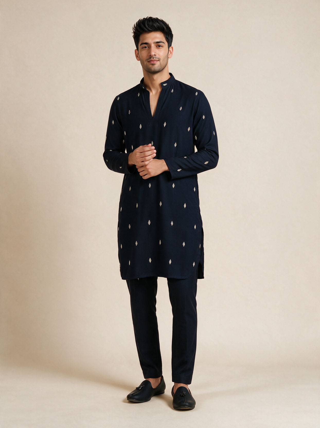 Manyavar Men Dark Blue Blended Rayon Kurta Pant Set