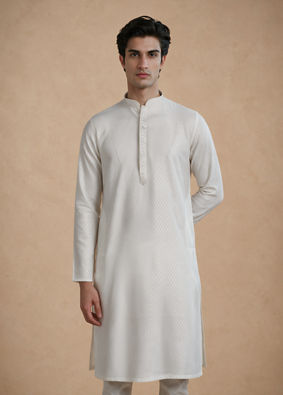 Manyavar Men White Blended Viscose Kurta Pajama with Self-Texture