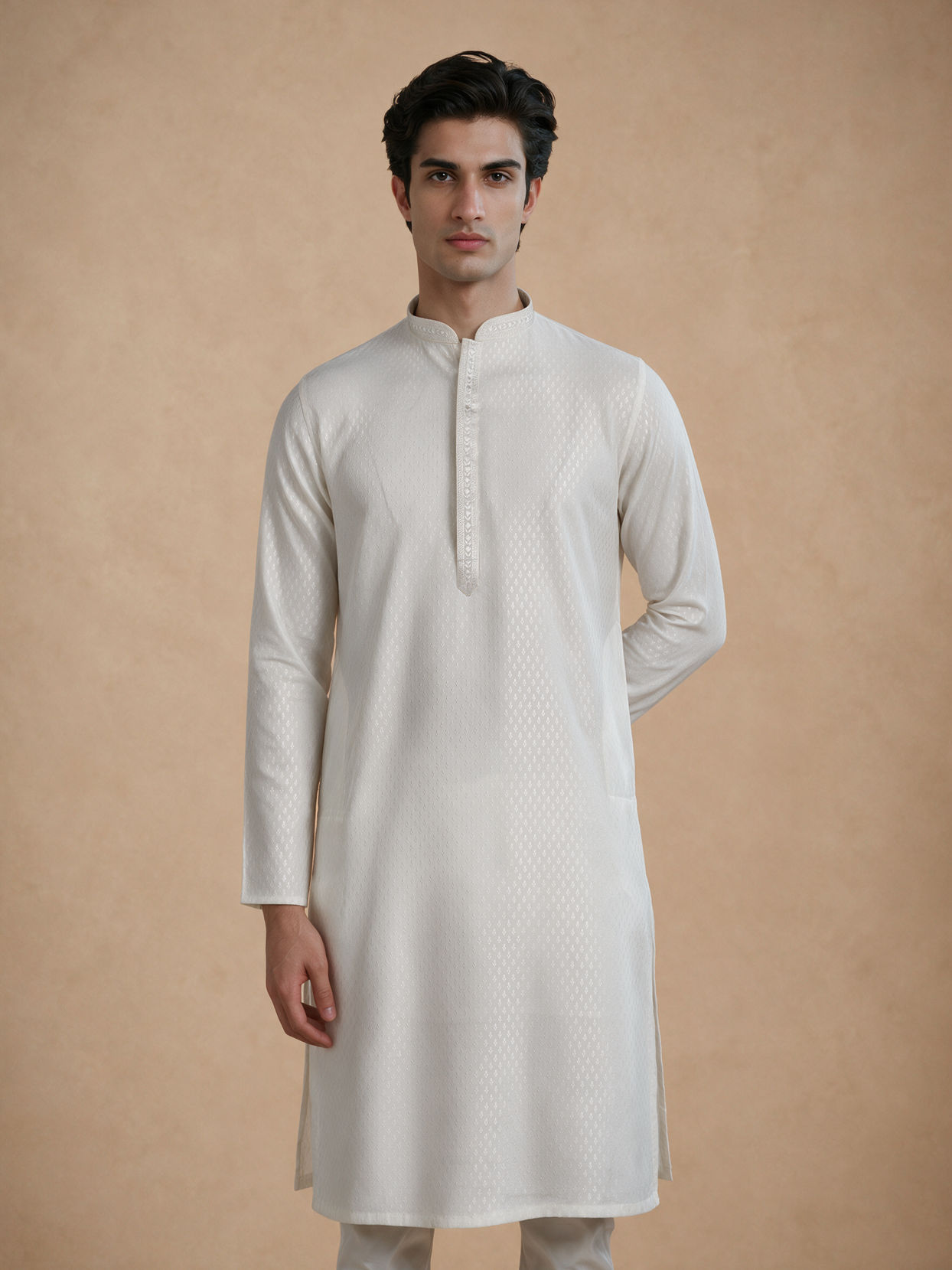 Manyavar Men White Blended Viscose Kurta Pajama with Self-Texture