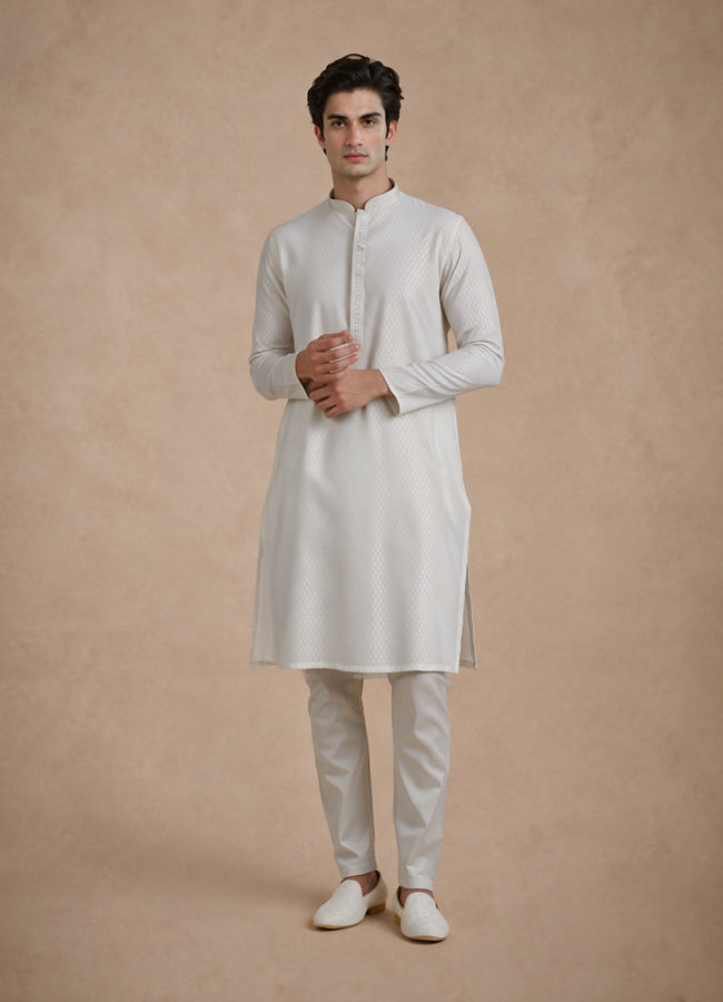 Manyavar Men White Blended Viscose Kurta Pajama with Self-Texture
