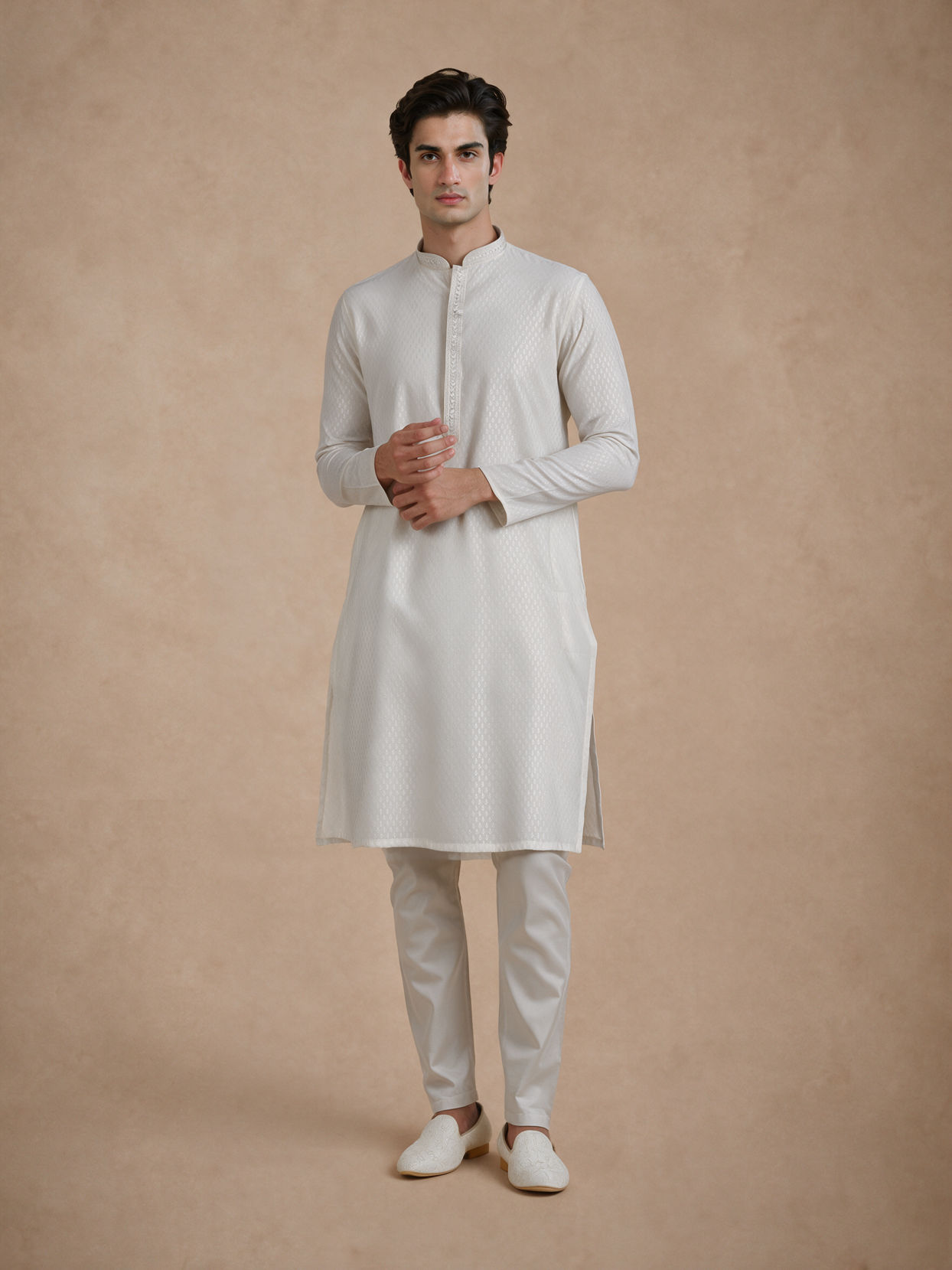 Manyavar Men White Blended Viscose Kurta Pajama with Self-Texture