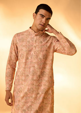 Manyavar Men Peach Blended Cotton Kurta Pajama with Print