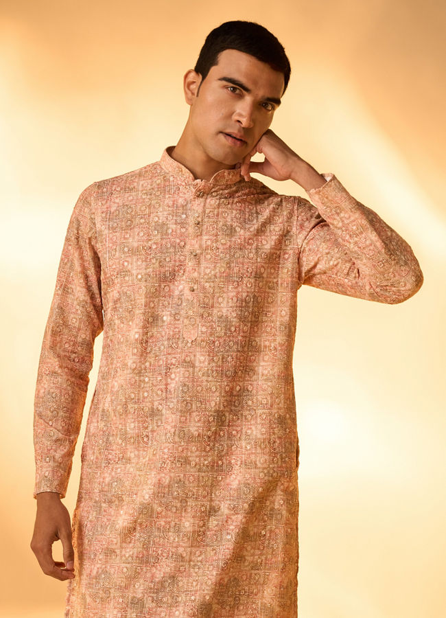 Manyavar Men Peach Blended Cotton Kurta Pajama with Print
