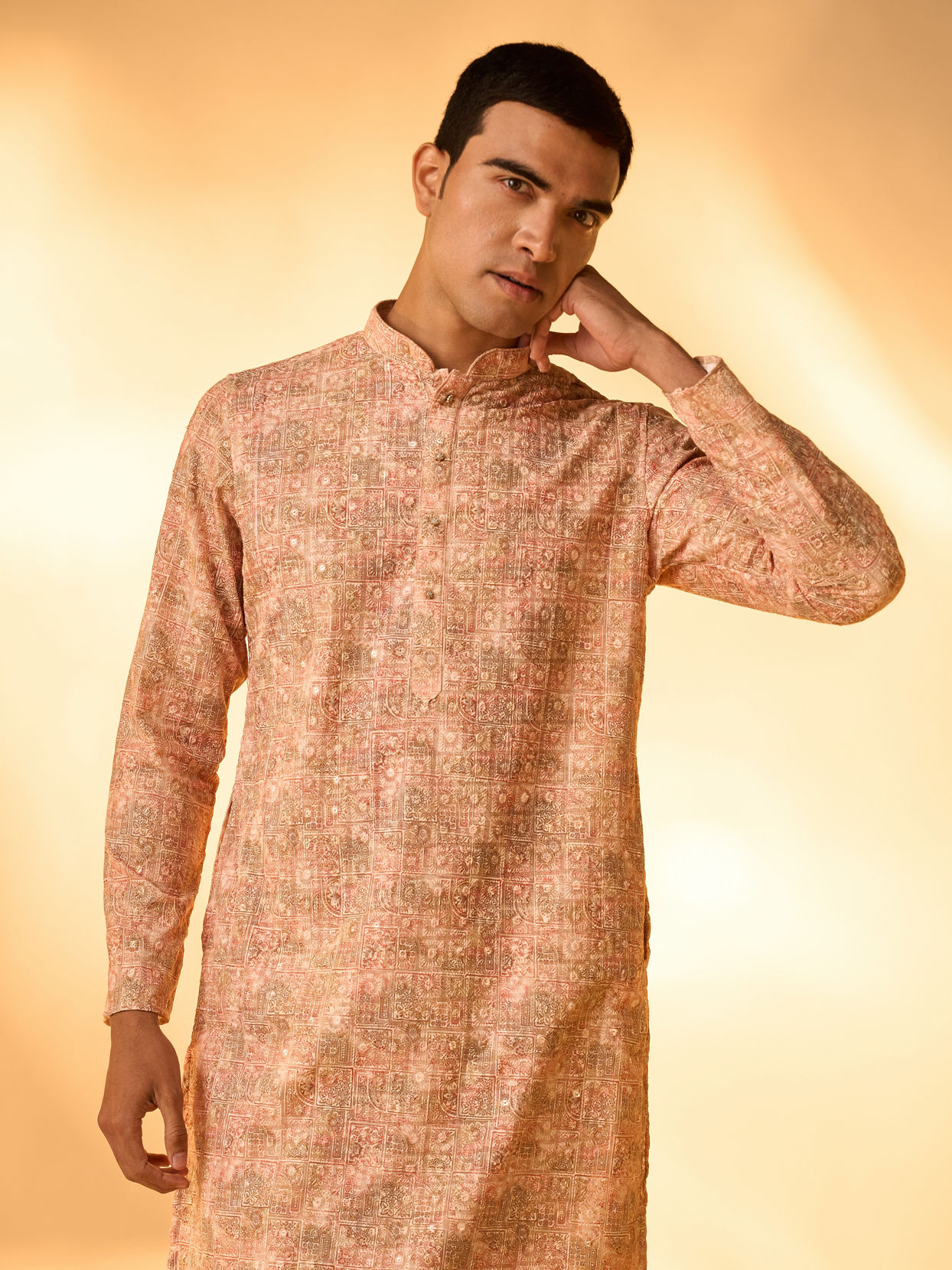 Manyavar Men Peach Blended Cotton Kurta Pajama with Print