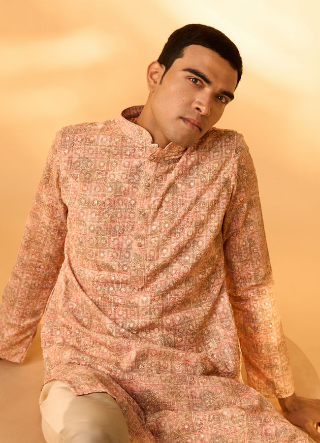 Manyavar Men Peach Blended Cotton Kurta Pajama with Print