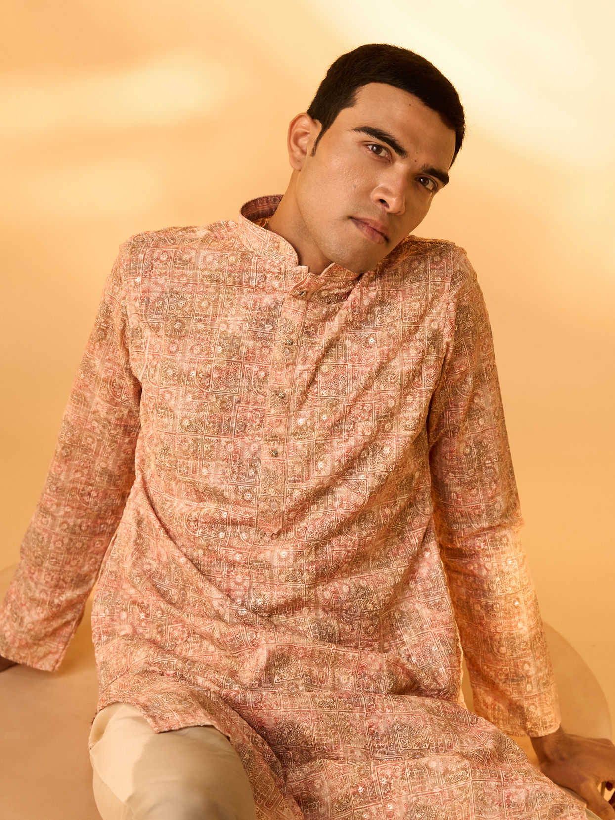 Manyavar Men Peach Blended Cotton Kurta Pajama with Print