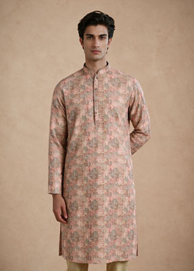 Manyavar Men Peach Blended Cotton Kurta Pajama with Print