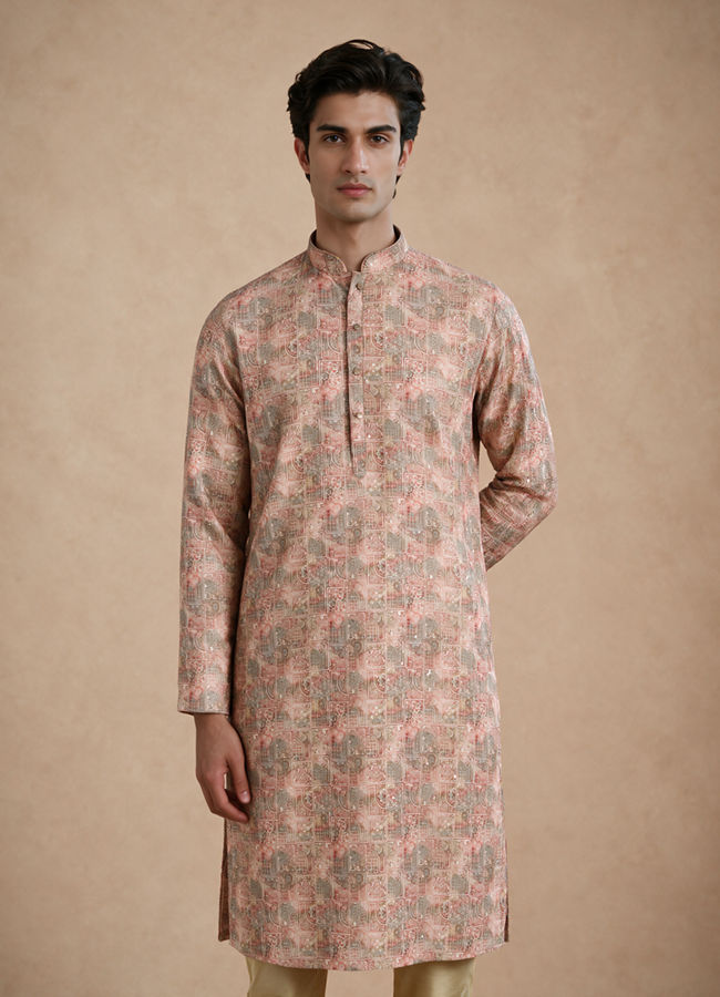 Manyavar Men Peach Blended Cotton Kurta Pajama with Print