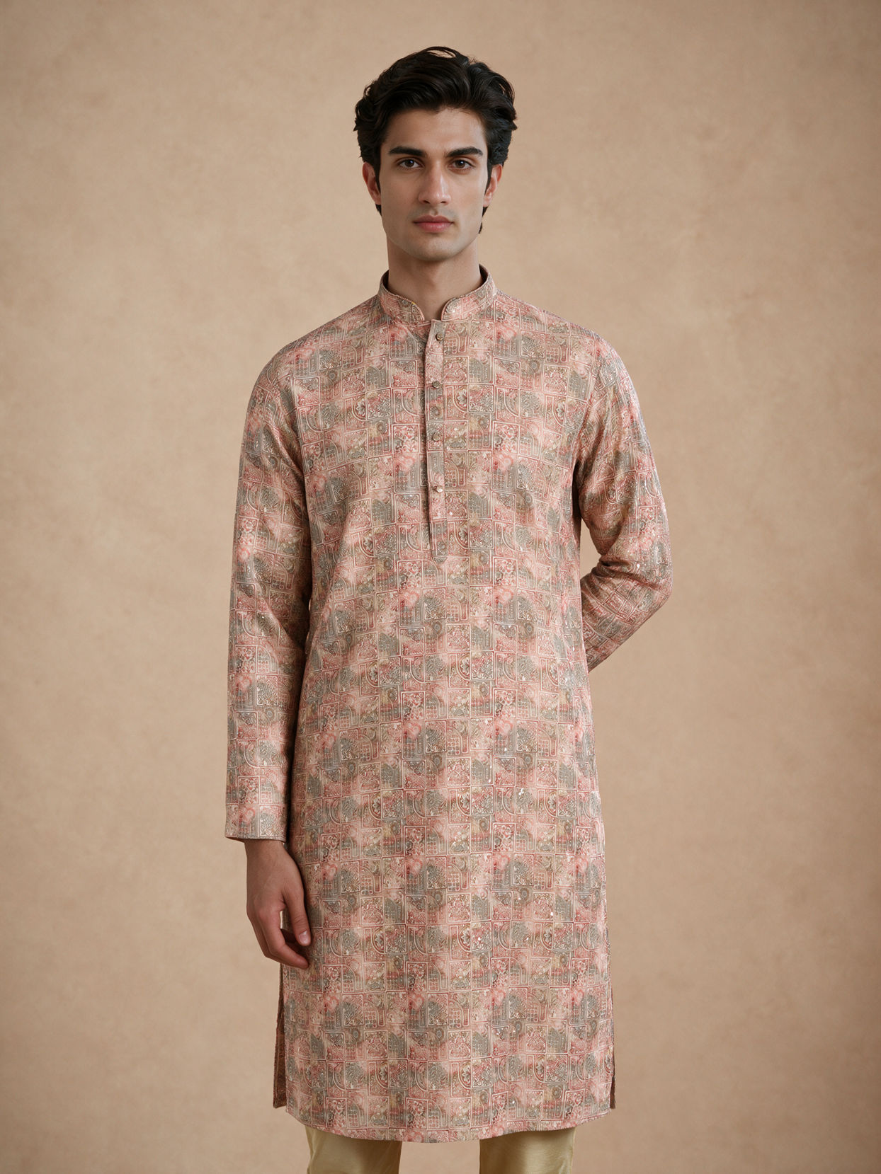 Manyavar Men Peach Blended Cotton Kurta Pajama with Print