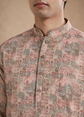 Manyavar Men Peach Blended Cotton Kurta Pajama with Print