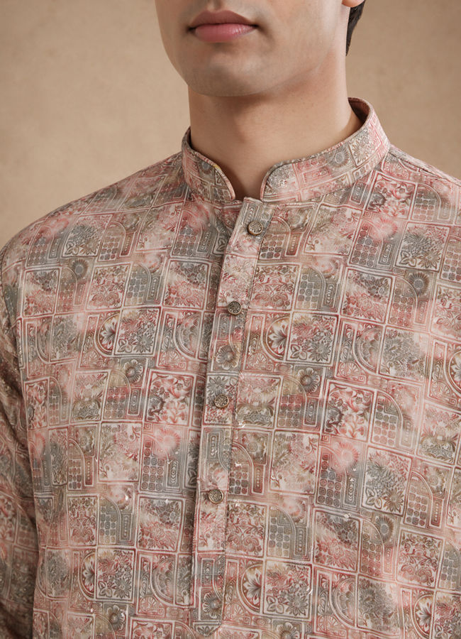 Manyavar Men Peach Blended Cotton Kurta Pajama with Print