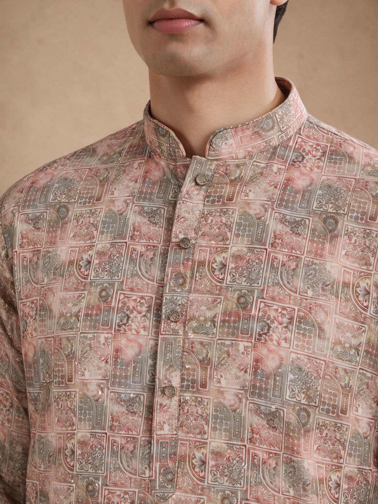 Manyavar Men Peach Blended Cotton Kurta Pajama with Print