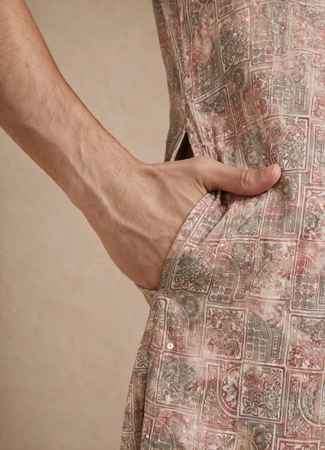 Manyavar Men Peach Blended Cotton Kurta Pajama with Print