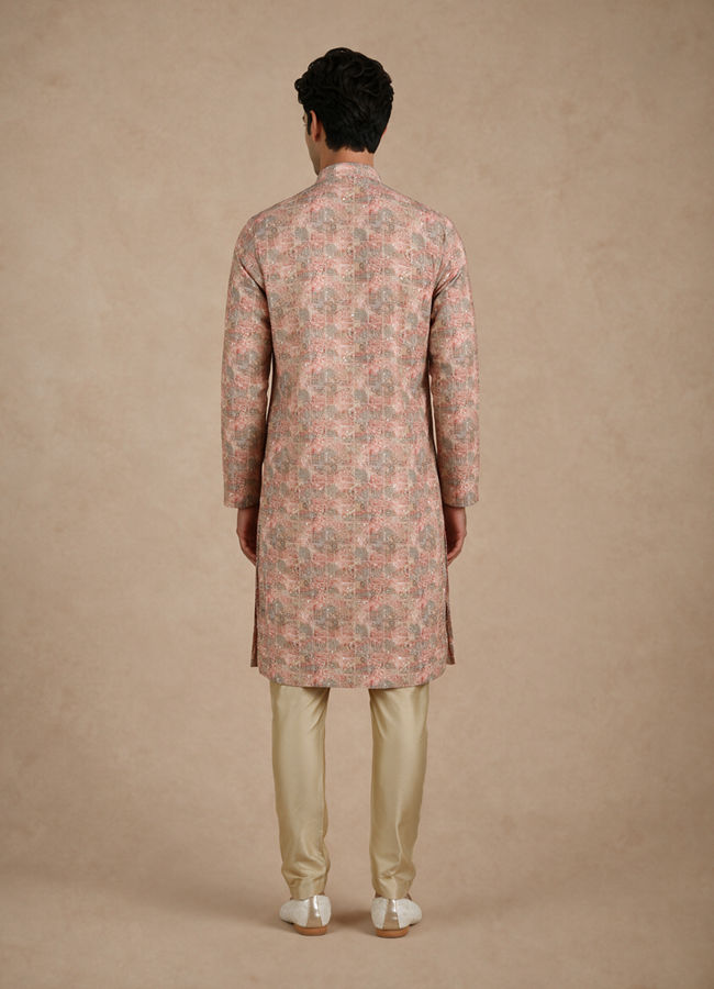 Manyavar Men Peach Blended Cotton Kurta Pajama with Print