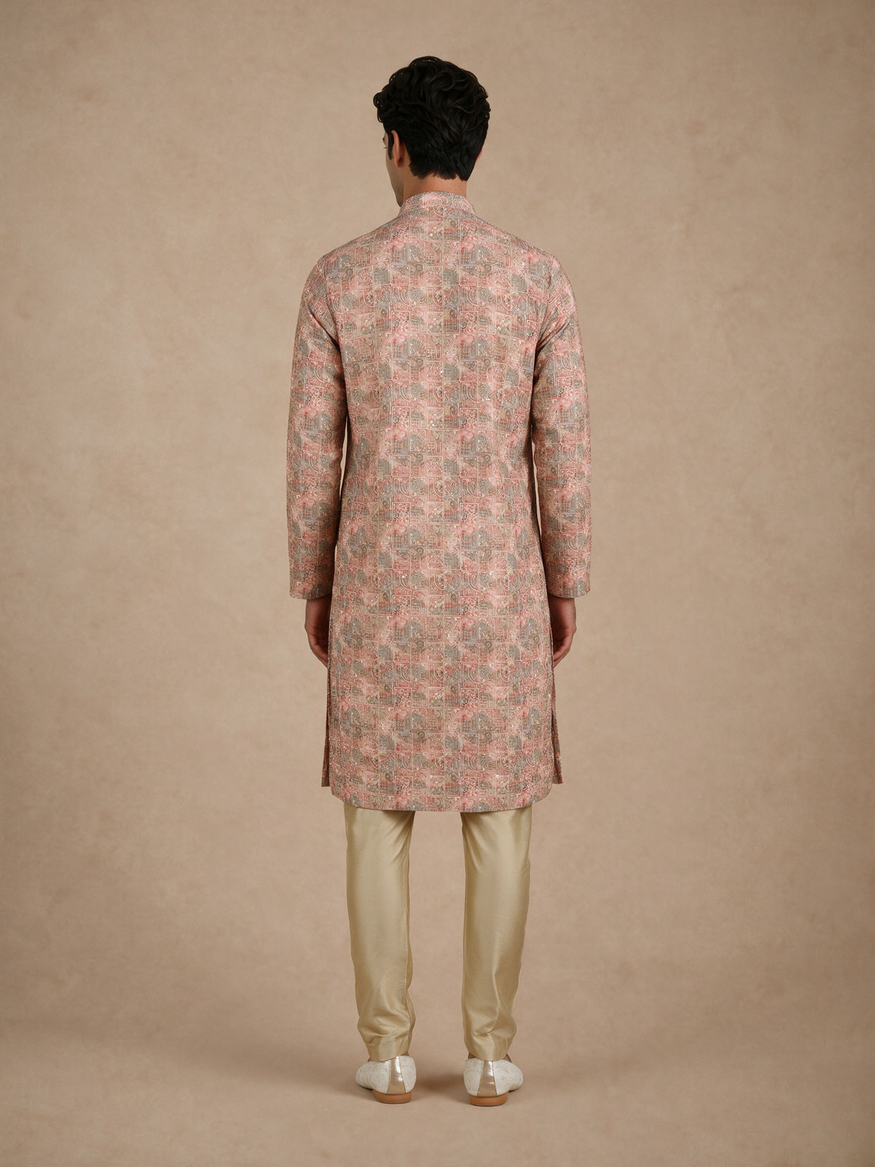 Manyavar Men Peach Blended Cotton Kurta Pajama with Print