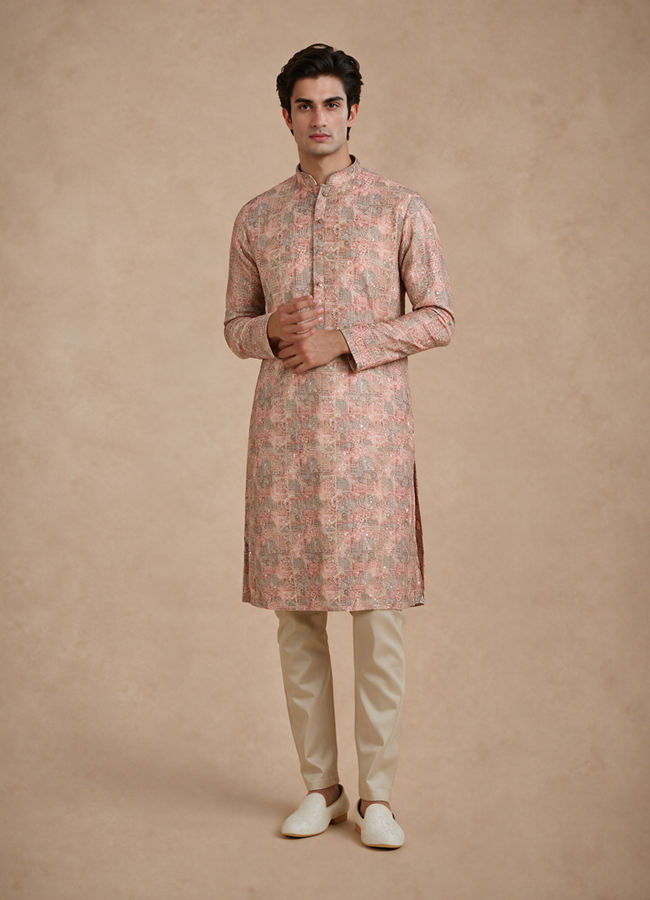 Manyavar Men Peach Blended Cotton Kurta Pajama with Print