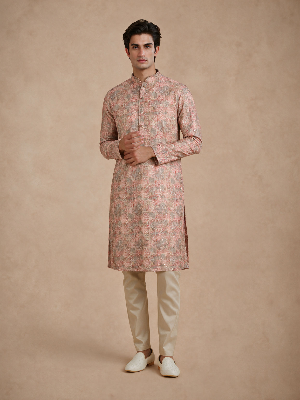Manyavar Men Peach Blended Cotton Kurta Pajama with Print