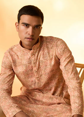 Manyavar Men Peach Blended Cotton Kurta Pajama with Print