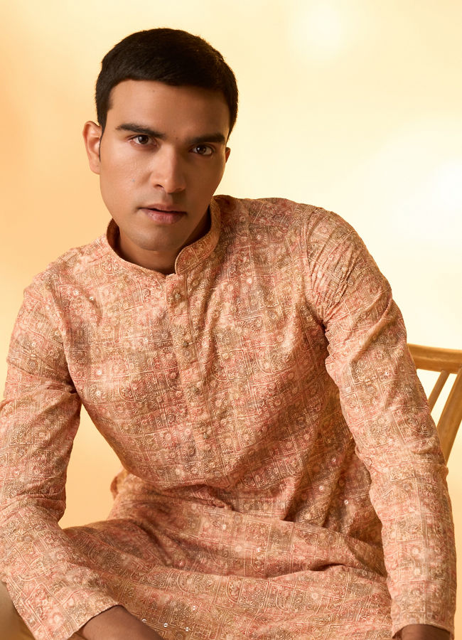 Manyavar Men Peach Blended Cotton Kurta Pajama with Print