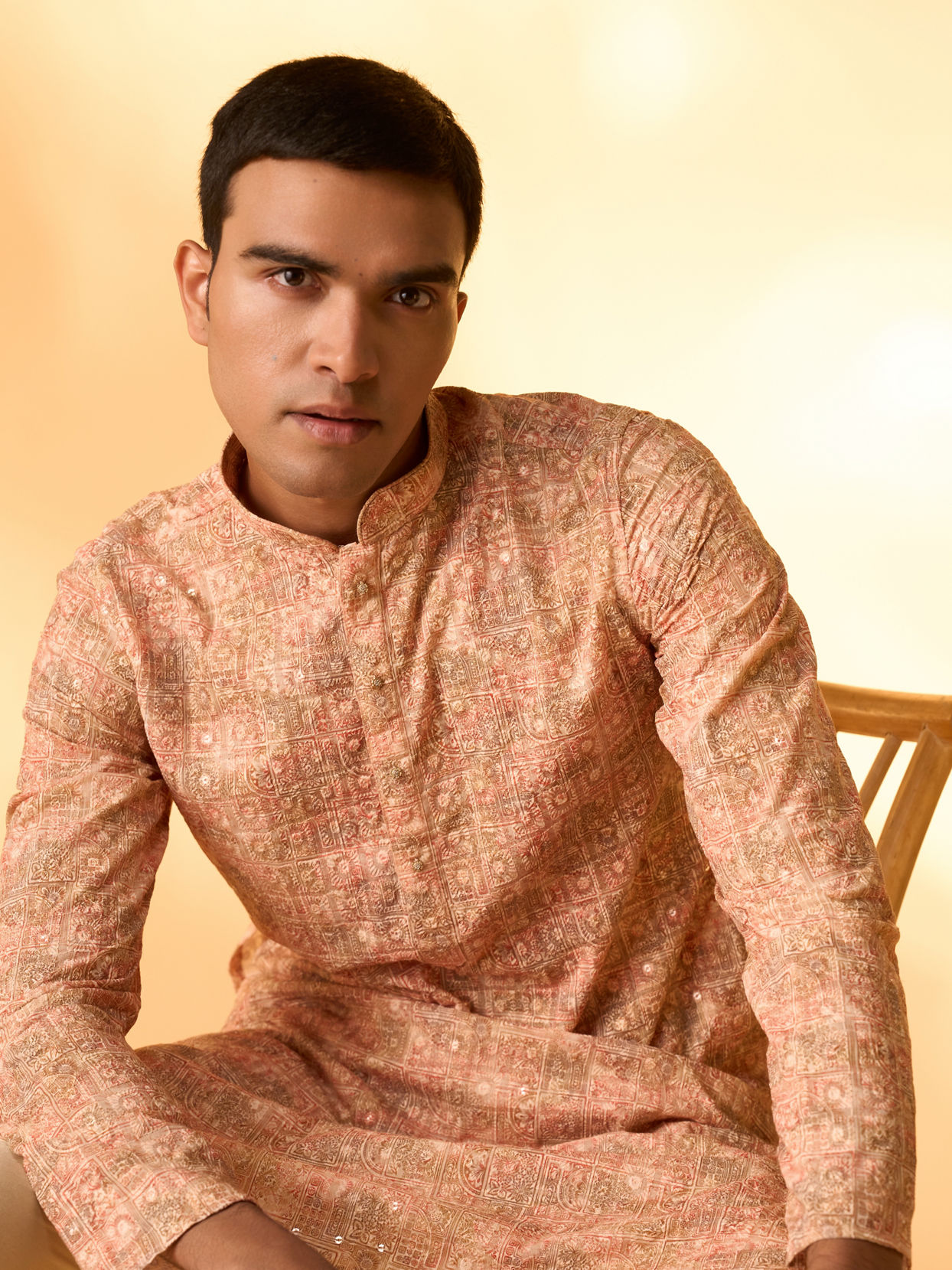 Manyavar Men Peach Blended Cotton Kurta Pajama with Print