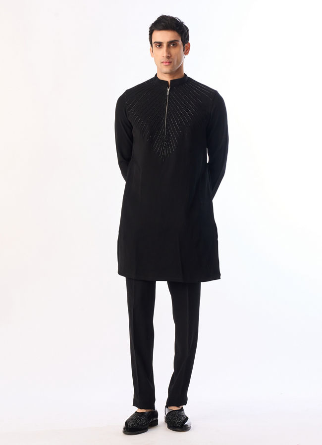 Manyavar Men Black Blended Rayon Kurta Pant with Embroidery