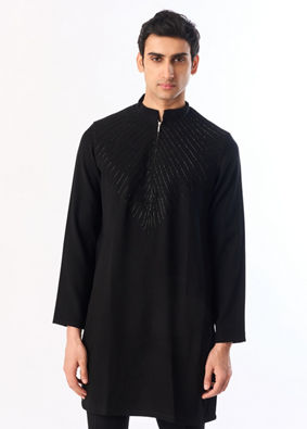 Manyavar Men Black Blended Rayon Kurta Pant with Embroidery