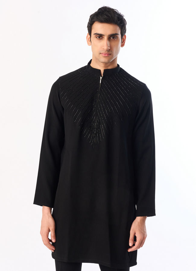 Manyavar Men Black Blended Rayon Kurta Pant with Embroidery