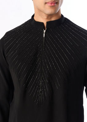 Manyavar Men Black Blended Rayon Kurta Pant with Embroidery