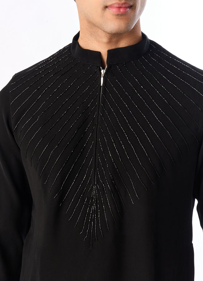 Manyavar Men Black Blended Rayon Kurta Pant with Embroidery