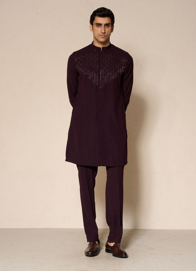 Manyavar Men Wine Blended Rayon Kurta Pant with Embroidery