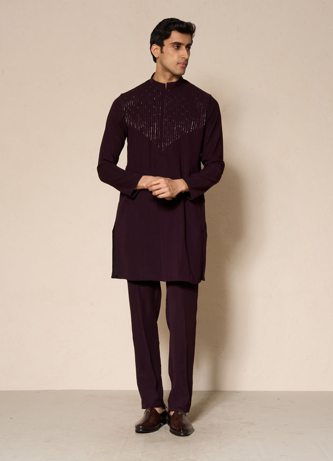Manyavar Men Wine Blended Rayon Kurta Pant with Embroidery