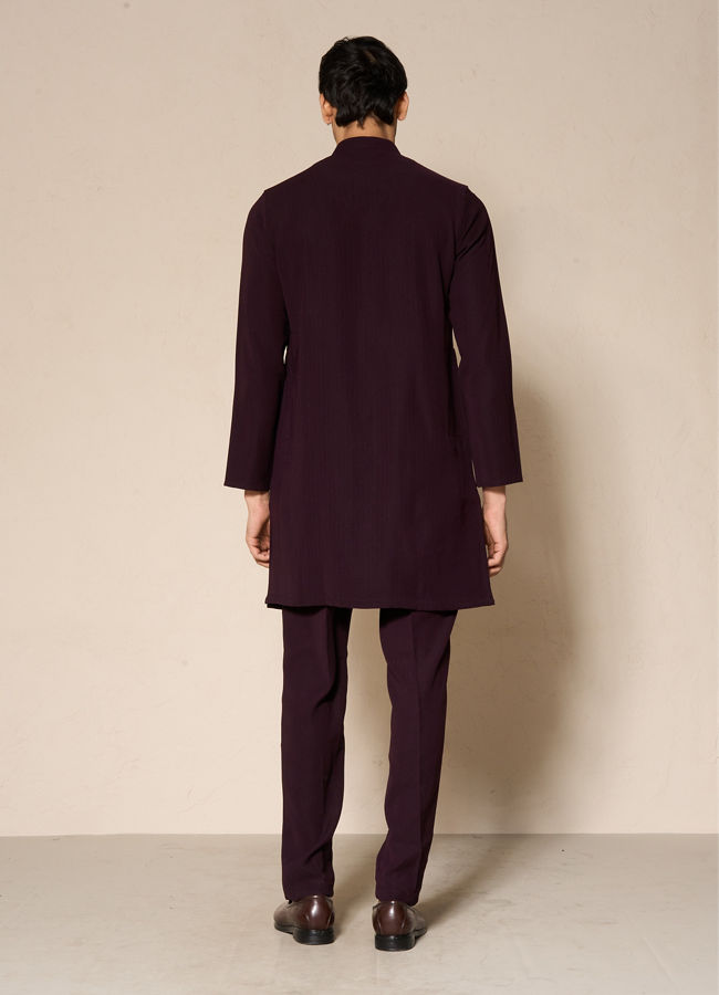 Manyavar Men Wine Blended Rayon Kurta Pant with Embroidery