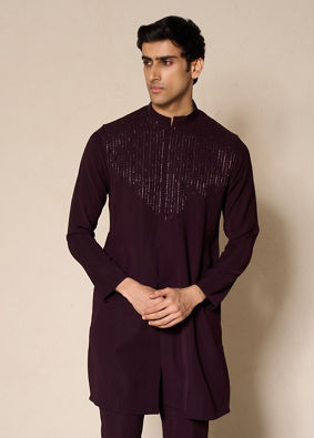 Manyavar Men Wine Blended Rayon Kurta Pant with Embroidery