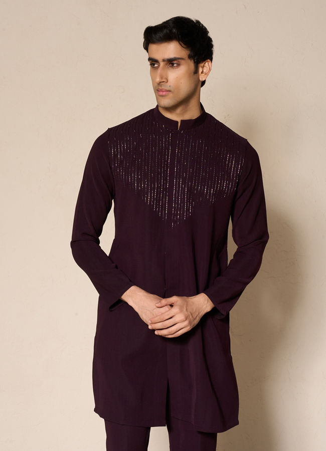 Manyavar Men Wine Blended Rayon Kurta Pant with Embroidery