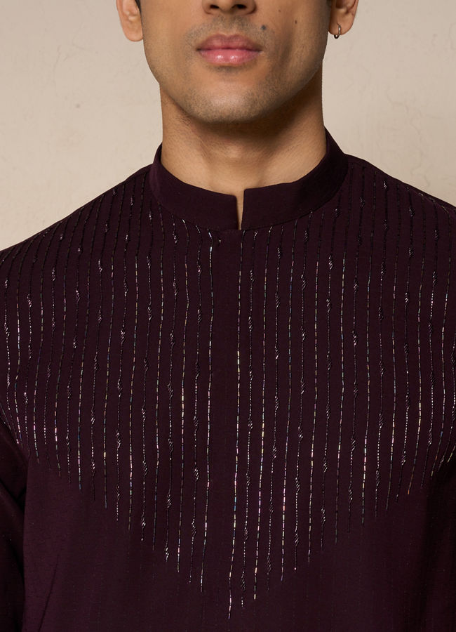 Manyavar Men Wine Blended Rayon Kurta Pant with Embroidery