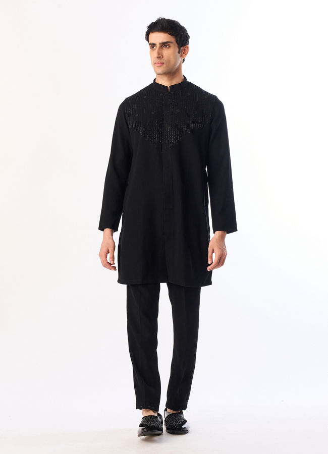 Manyavar Men Black Blended Rayon Kurta Pant with Embroidery