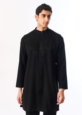 Manyavar Men Black Blended Rayon Kurta Pant with Embroidery
