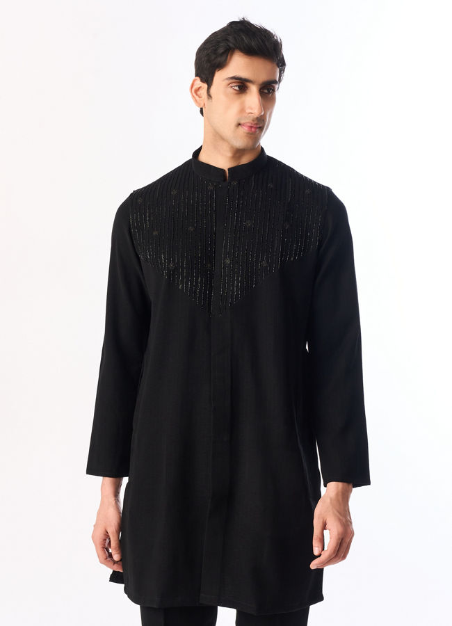 Manyavar Men Black Blended Rayon Kurta Pant with Embroidery