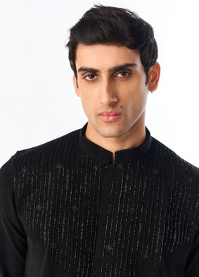Manyavar Men Black Blended Rayon Kurta Pant with Embroidery