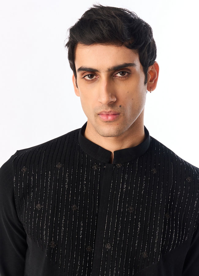 Manyavar Men Black Blended Rayon Kurta Pant with Embroidery