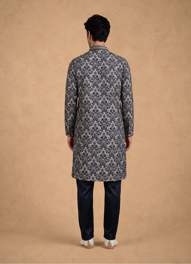 Manyavar Men Dark Blue Silk Kurta Pajama with Print